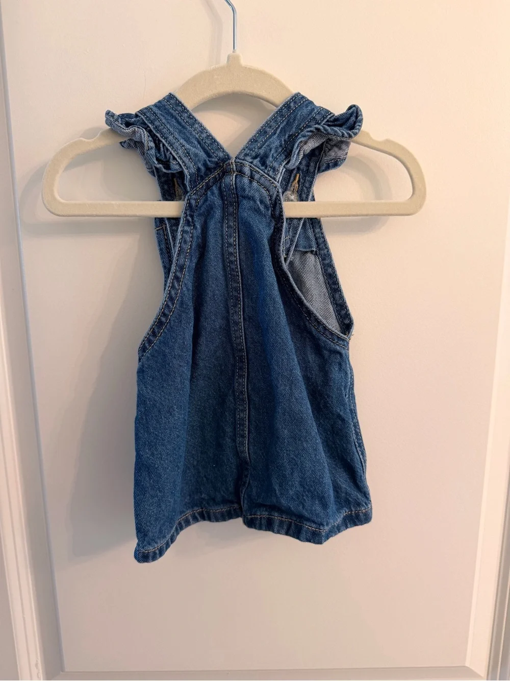 Old Navy Blue Denim Kids Overall Dress with Pink Flower Embroidery